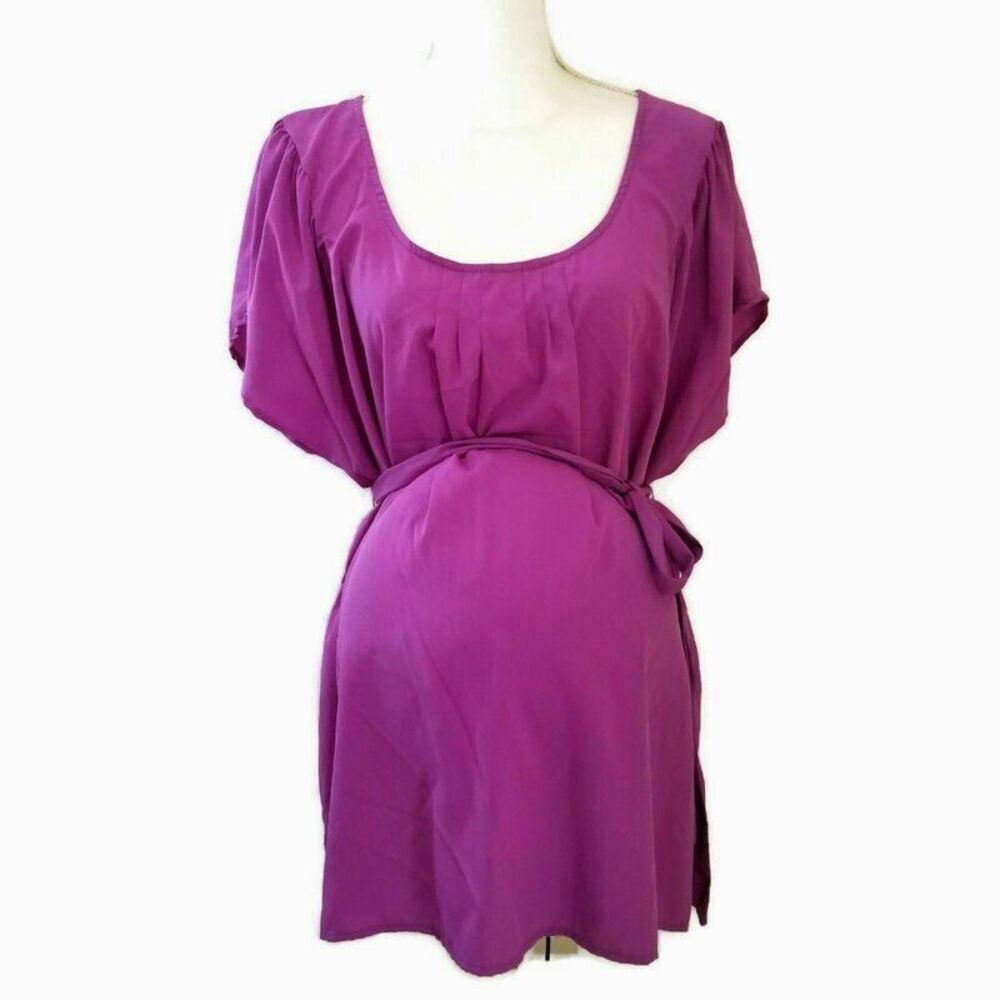 Motherhood Maternity Top 1X Purple Scoop Neck Short Sleeve Optional Tie Belt